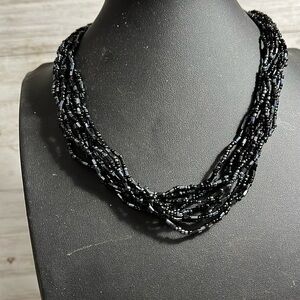 Black Glass Tiny Rectangle Bead Collar Necklace, Vintage